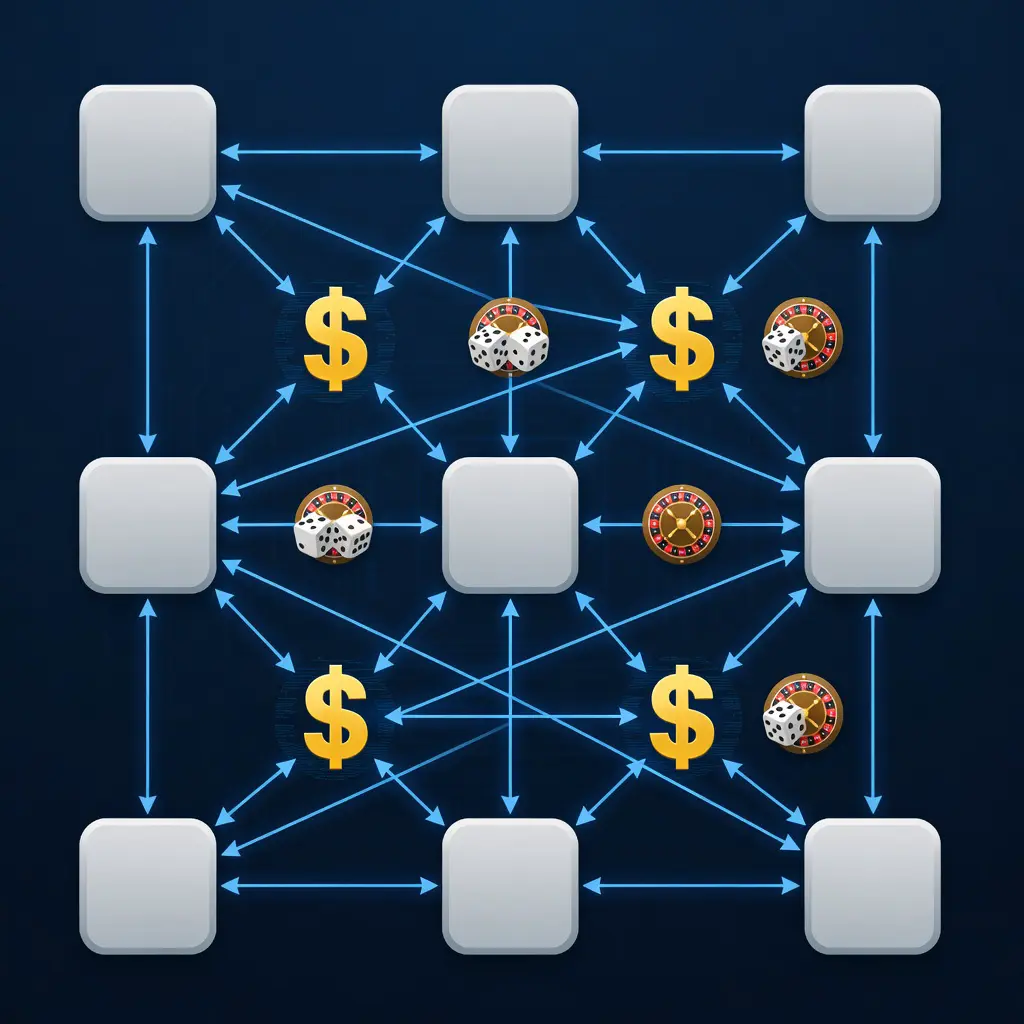 Affiliate sítě v casino recenzích Schéma znázorňující propojené casino recenzní weby s finančními toky, ilustrující konflikt zájmů v affiliate marketingu