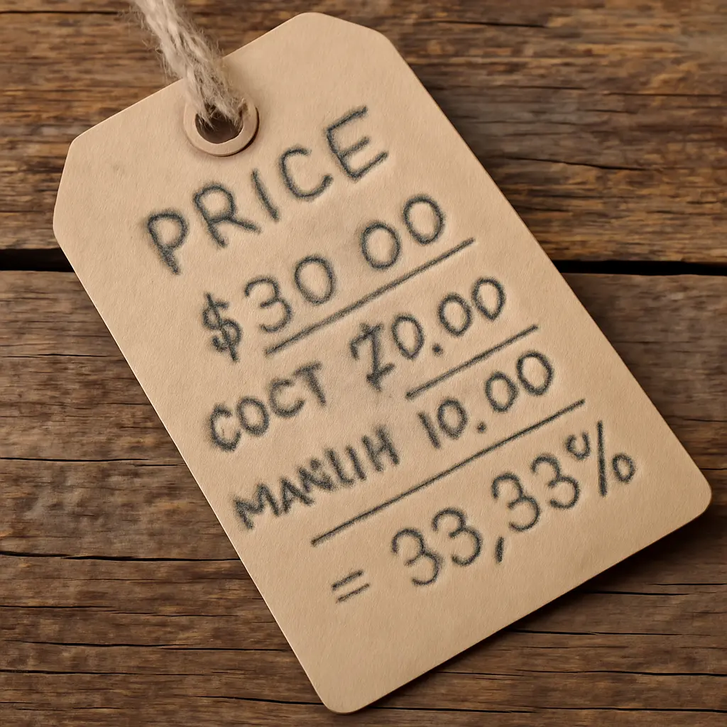 Ručně psaná cenovka a jednoduché kalkulační poznámky