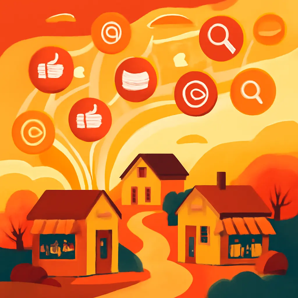 Ilustrace propojení digitálních marketingových kanálů s venkovskými obchody a komunitami