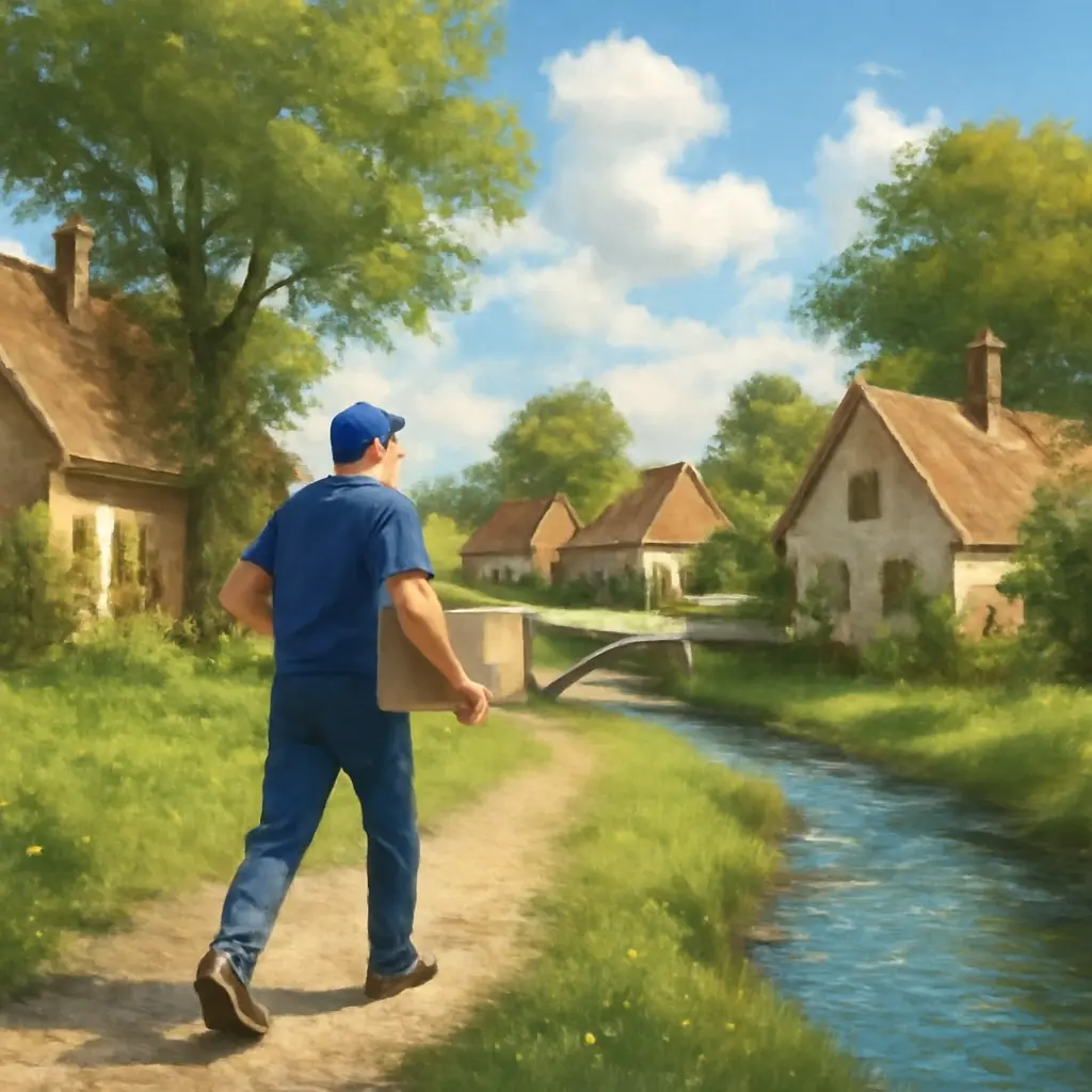 Kurýr přiváží balík do vesnice, harmonické venkovské prostředí