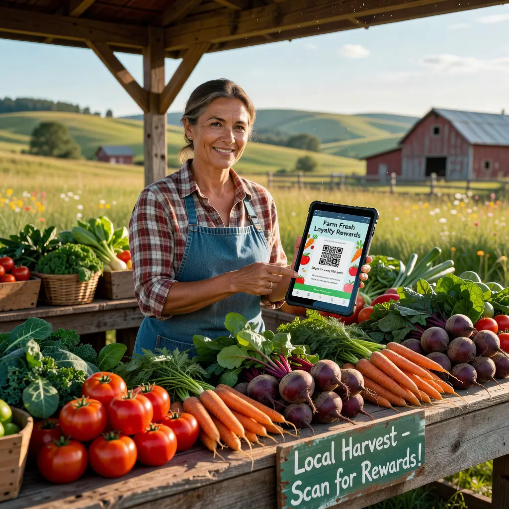 Digitální věrnostní program na farmářském trhu s mobilní aplikací zobrazující body a odměny pro zákazníky