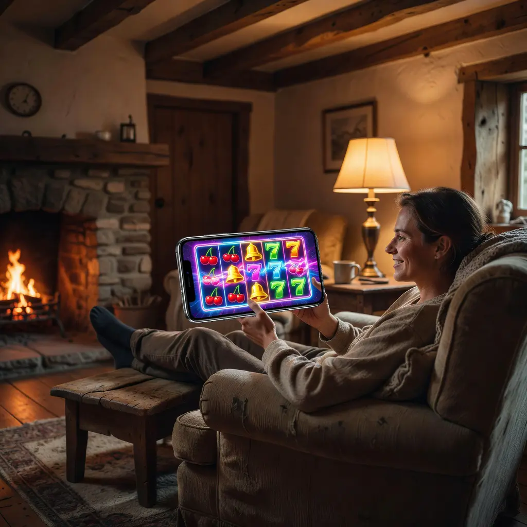 Hráč online kasina na smartphonu v přírodě Muž hrající online casino na smartphonu z pohodlí venkovského domova, večerní atmosféra