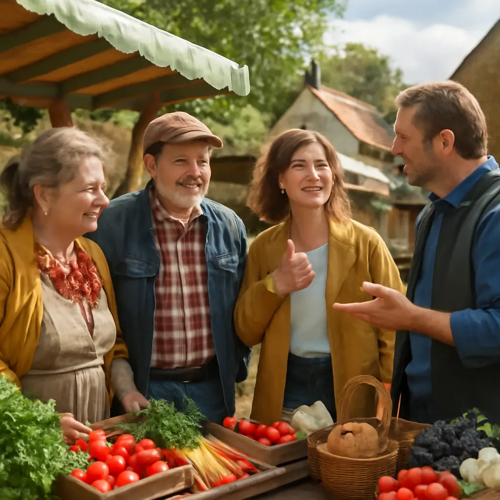 Lidé diskutují na trhu ve vesnici, stánky s potravinami