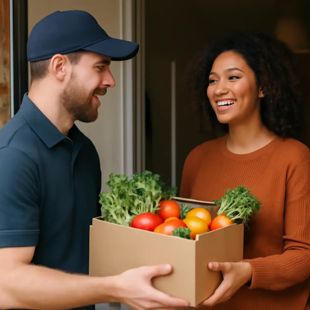 Kurýr doručuje krabici s lokálními produkty
