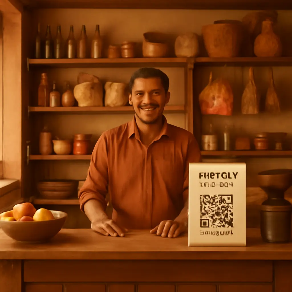 Místní obchod s cedulí, QR kódem a digitálními nabídkami