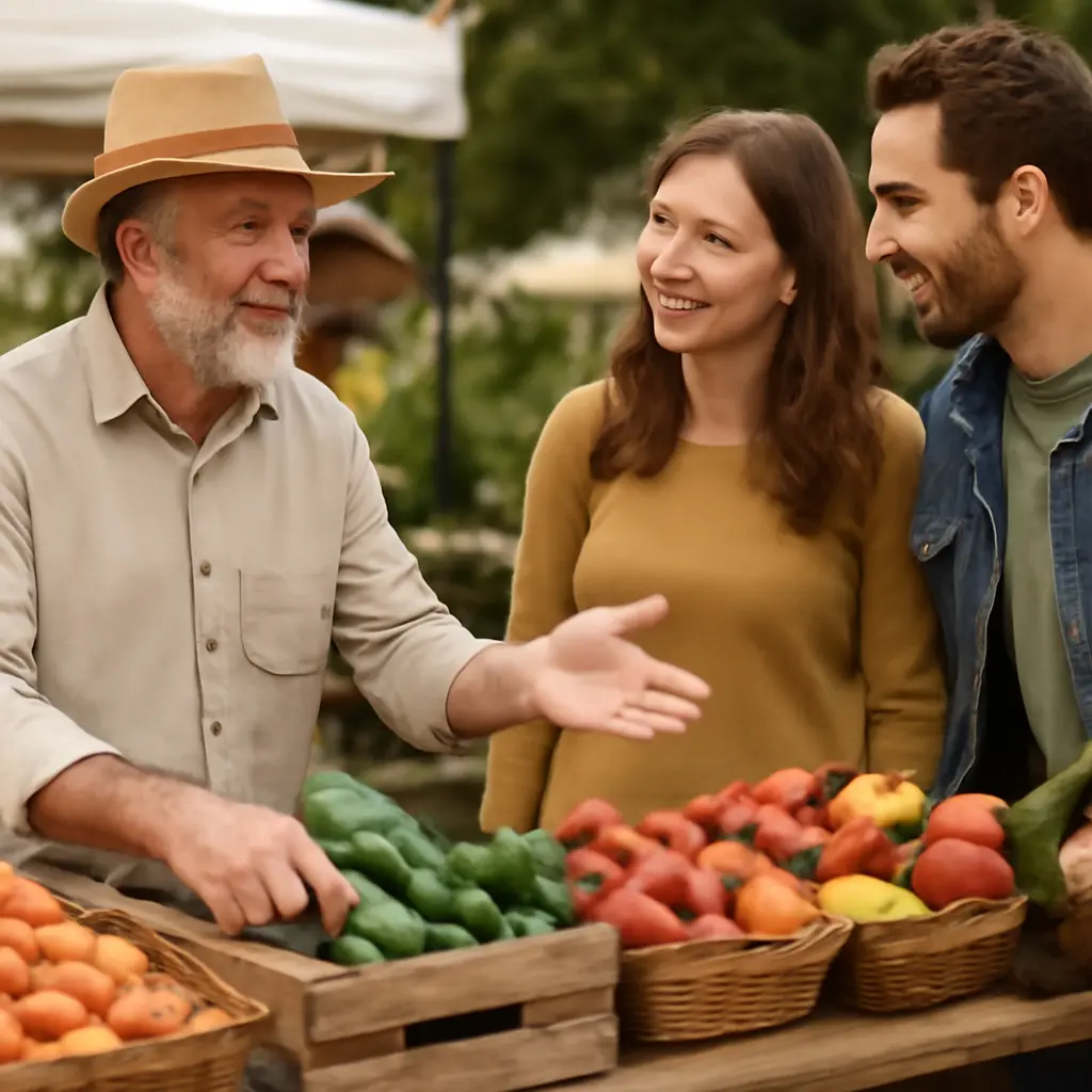 Místní farmář představuje produkty zákazníkům