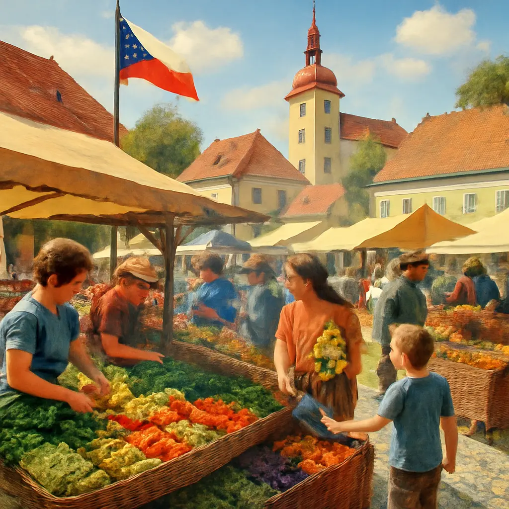 Živý český venkovský trh s prodejci a zákazníky
