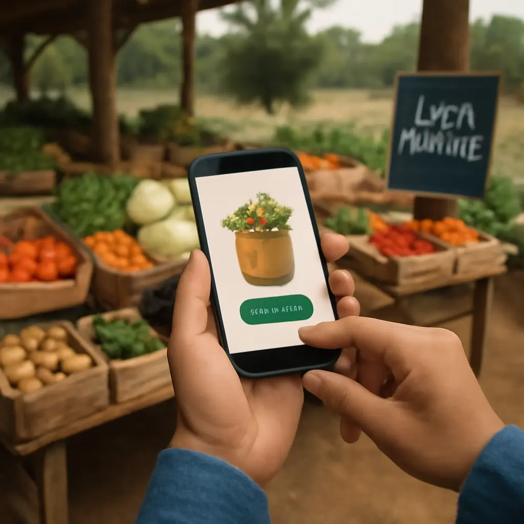 Osoba nakupující místní produkty přes mobilní telefon