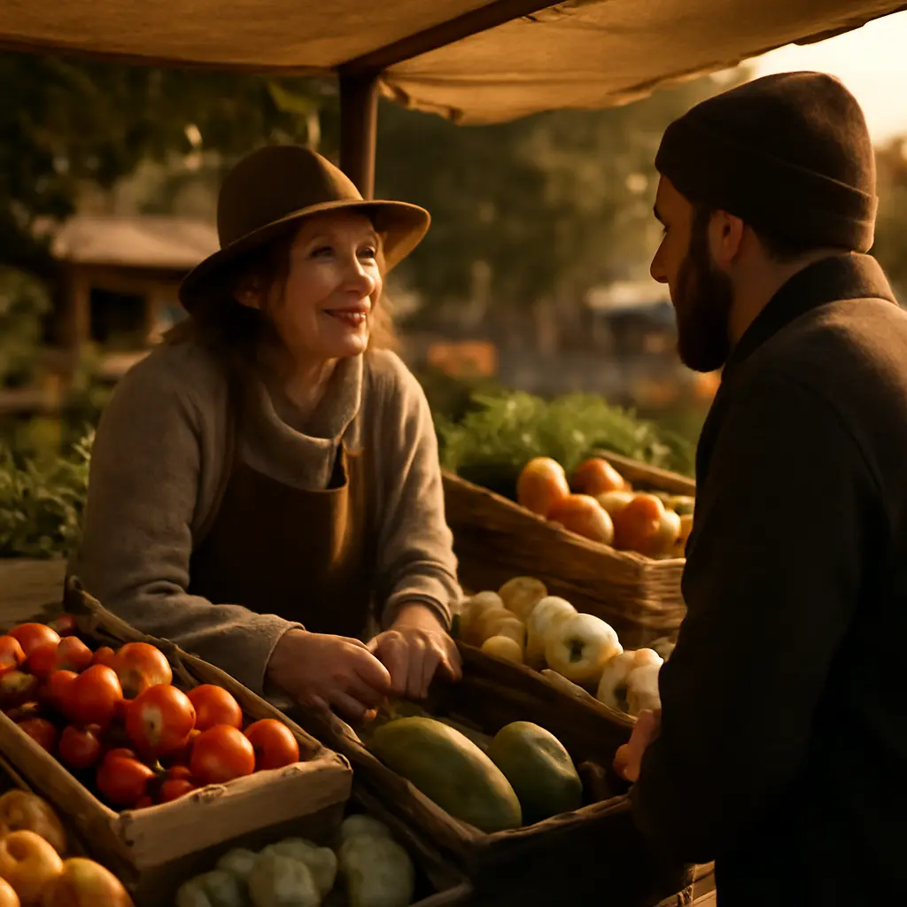 Přímý kontakt se zákazníky Prodavač komunikuje se zákazníkem u stánku na trhu