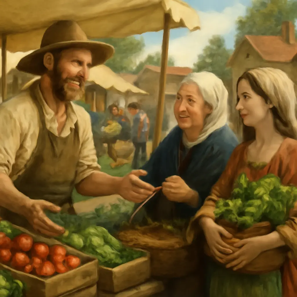 Prodejce na trhu mluví s návštěvníky a ukazuje produkt