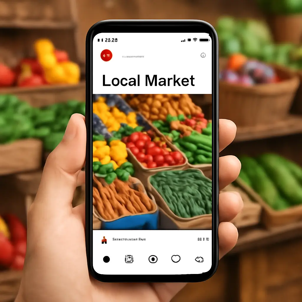 Propagace na sociálních sítích Fotografie místního trhu sdílená na mobilním telefonu