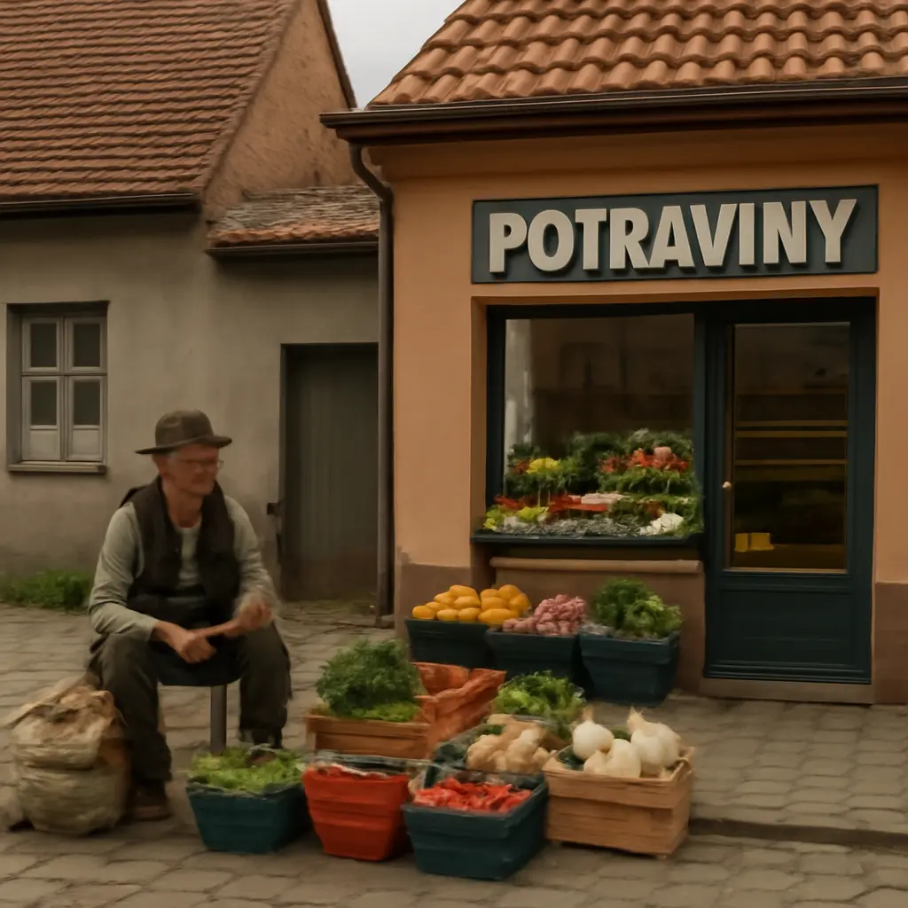 Farmář prodává vedle moderní prodejny, ilustrační