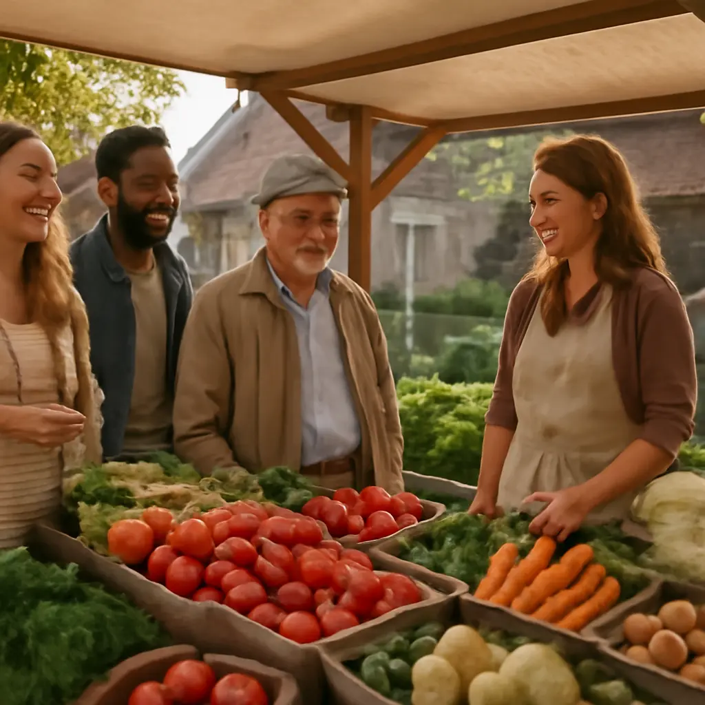 Stánek na českém venkovském trhu s návštěvníky