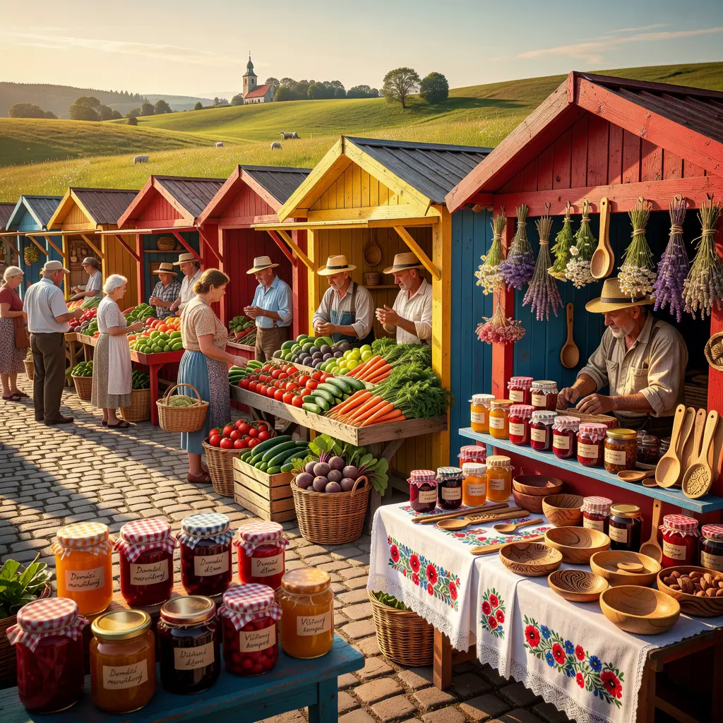 Barevný český venkovský trh s dřevěnými stánky, čerstvou zeleninou, regionálními produkty a zákazníky nakupujícími od místních zemědělců